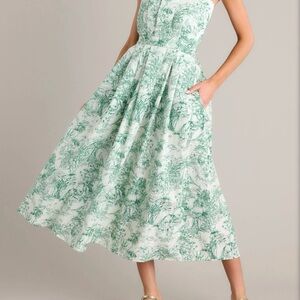 OUR LIFE TOGETHER GREEN TOILE STRAPLESS MIDI DRESS